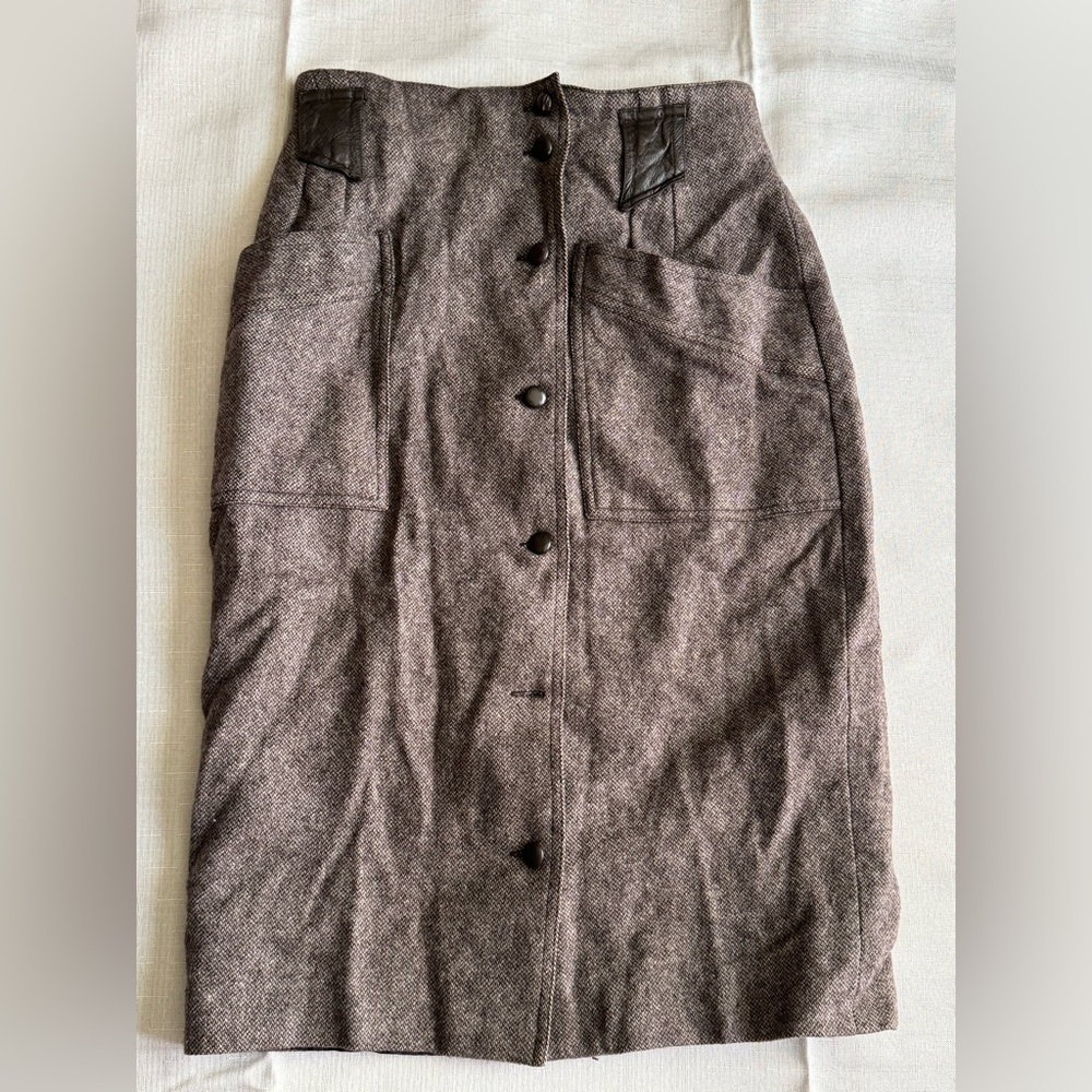 Vintage DONNA Tweed Button Front Skirt Leather Pocket Detail I Retro Skirt